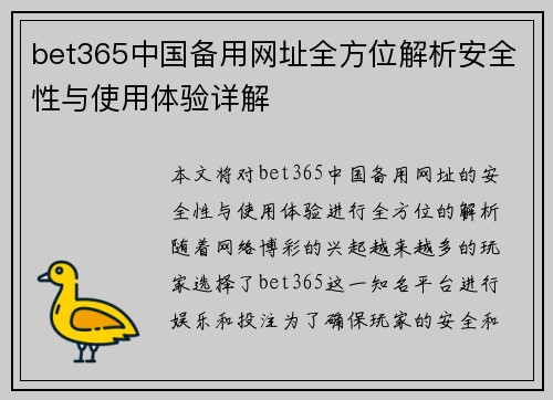 bet365中国备用网址全方位解析安全性与使用体验详解